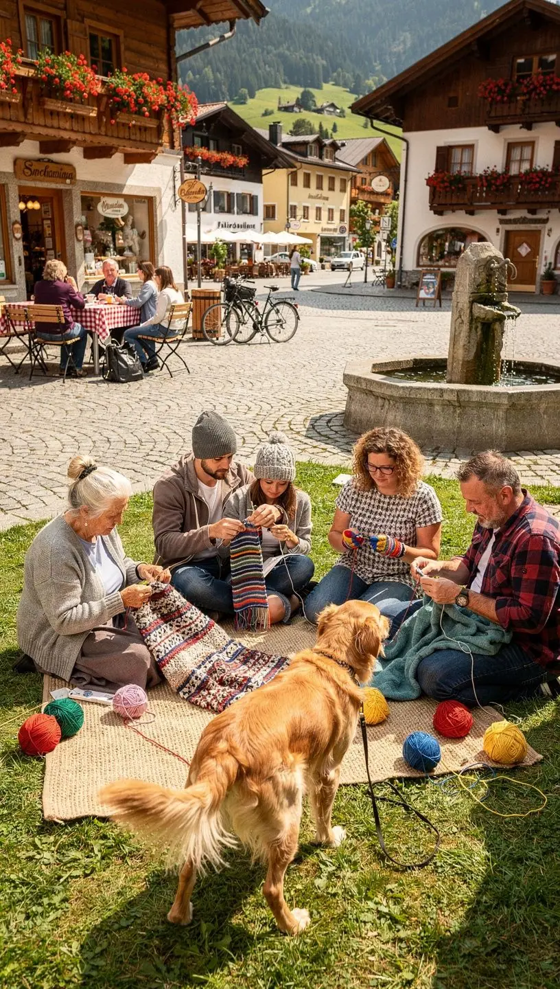 Ein Strickprojekt mit buntem Garn und einer fertigen Mütze auf einem Tisch.