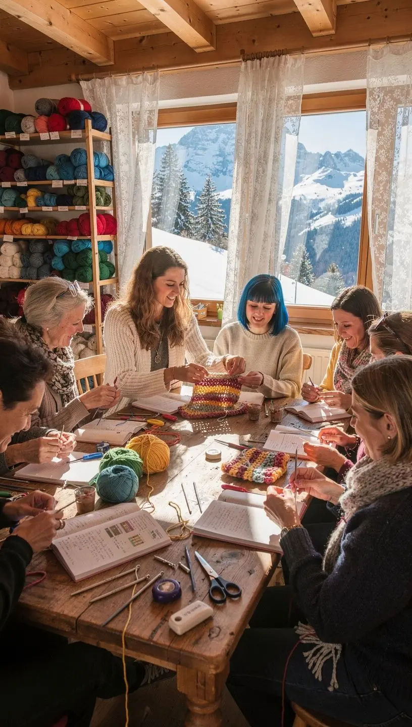 Eine Gruppe von Menschen, die gemeinsam an einem Häkelkurs teilnehmen und neue Techniken erlernen.