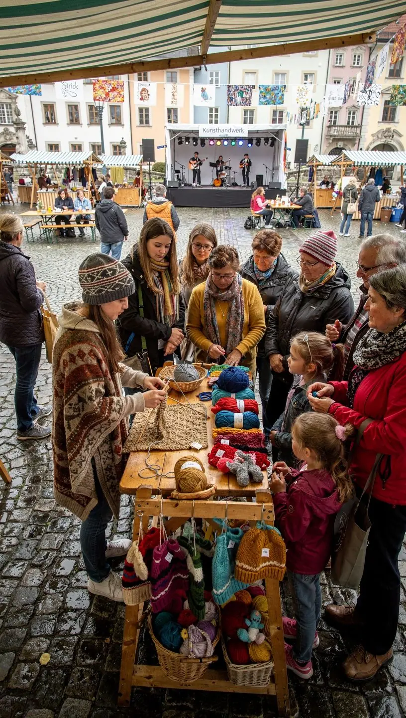 Eine Gruppe von Teilnehmern bei einem Häkelkurs, die begeistert an ihren Projekten arbeiten.