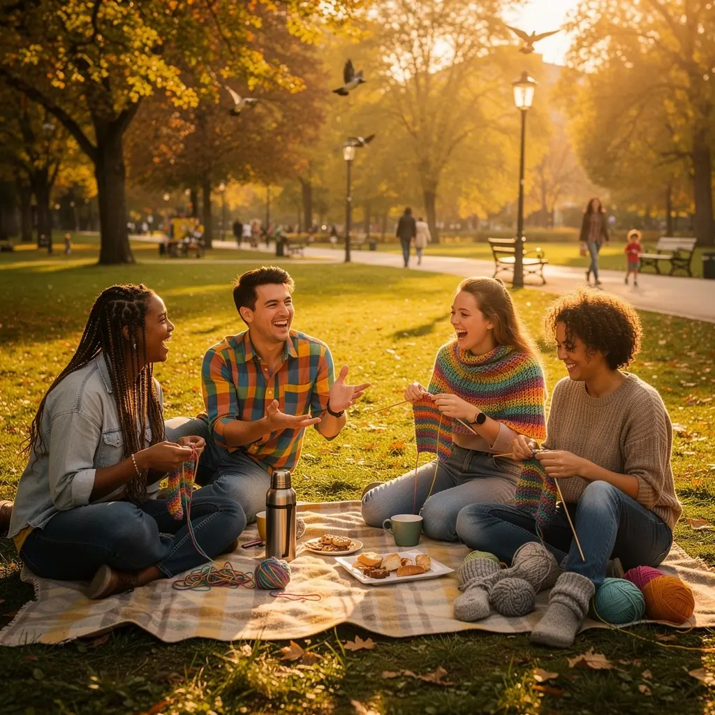 Eine Gruppe von Teilnehmern bei einem Häkelkurs, die begeistert an ihren Projekten arbeiten.