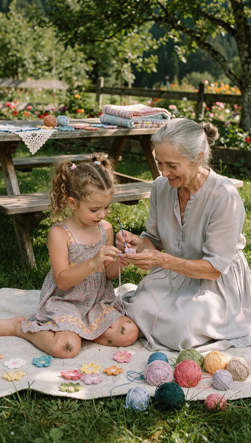 Eine Gruppe von Teilnehmern bei einem Häkelkurs, die begeistert an ihren Projekten arbeiten.