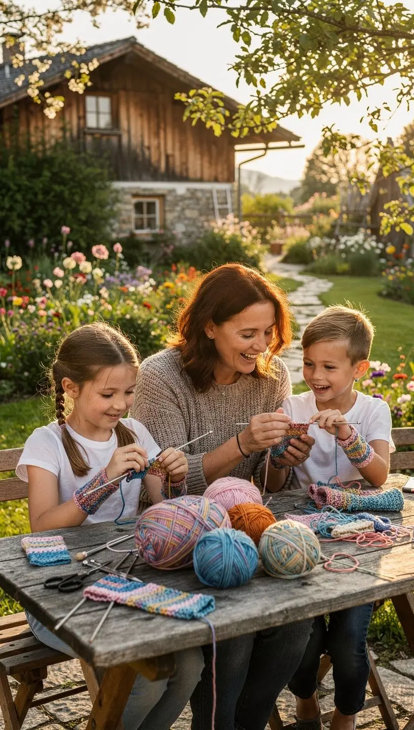 Eine Gruppe von Teilnehmern bei einem Häkelkurs, die begeistert an ihren Projekten arbeiten.