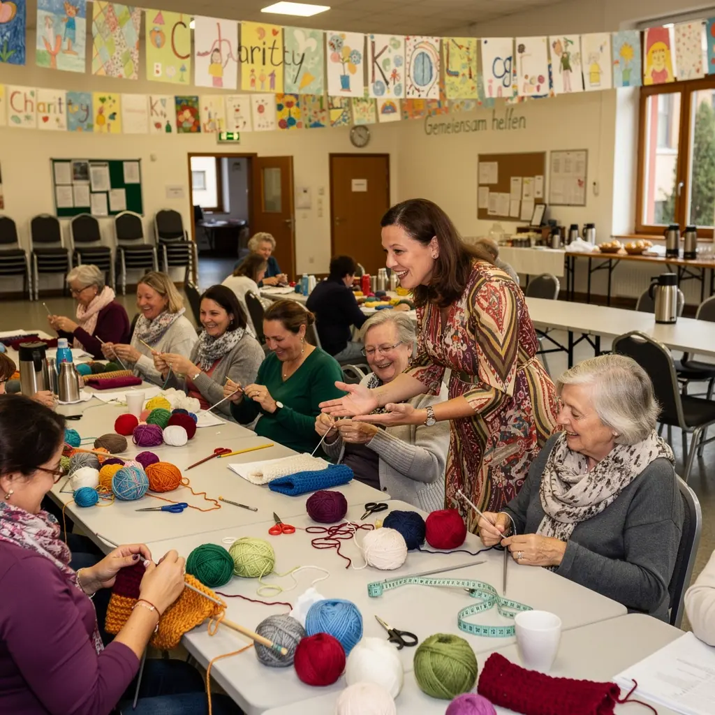 Eine Gruppe von Teilnehmern bei einem Häkelkurs, die begeistert an ihren Projekten arbeiten.