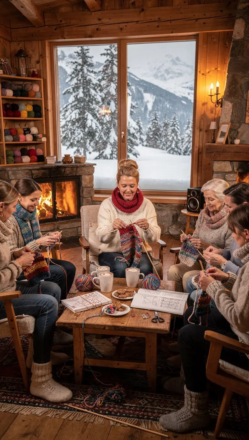 Eine Gruppe von Teilnehmern bei einem Häkelkurs, die begeistert an ihren Projekten arbeiten.