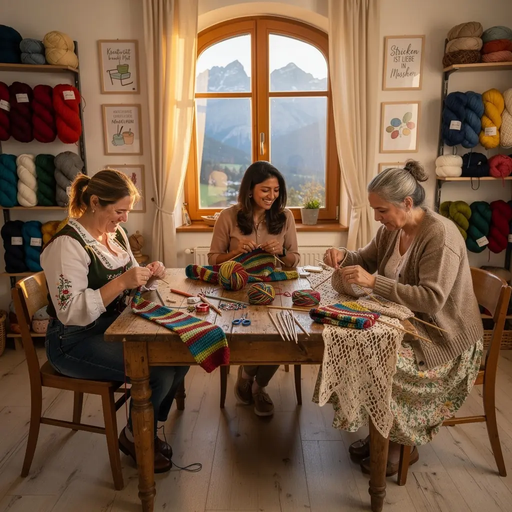 Ein liebevoll gestaltetes Strickprojekt mit bunten Garne und einer offenen Anleitung.